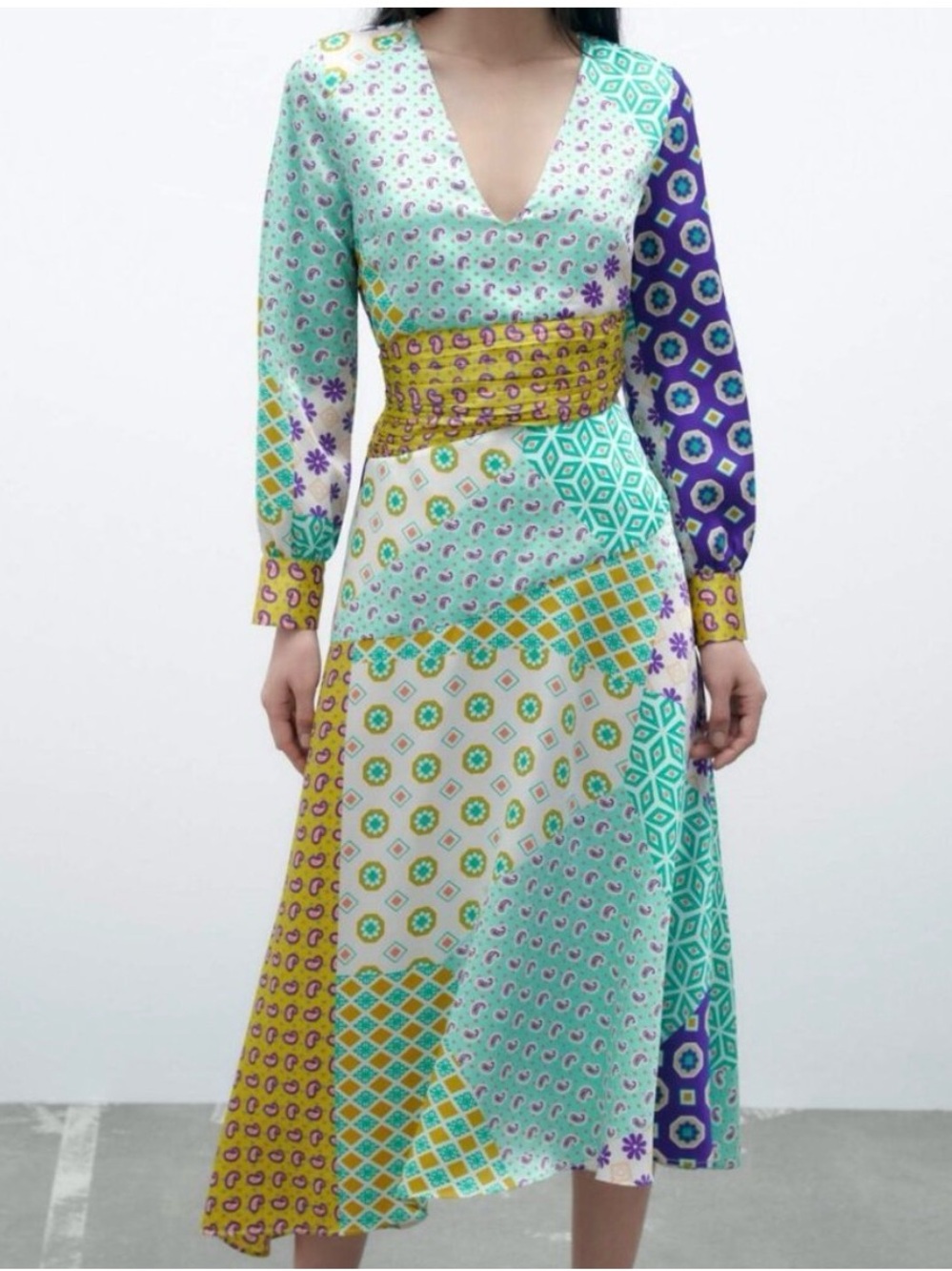 Zara Patterned V‑Neck Patchwork Midi Dress in Blue, Teal & Yellow